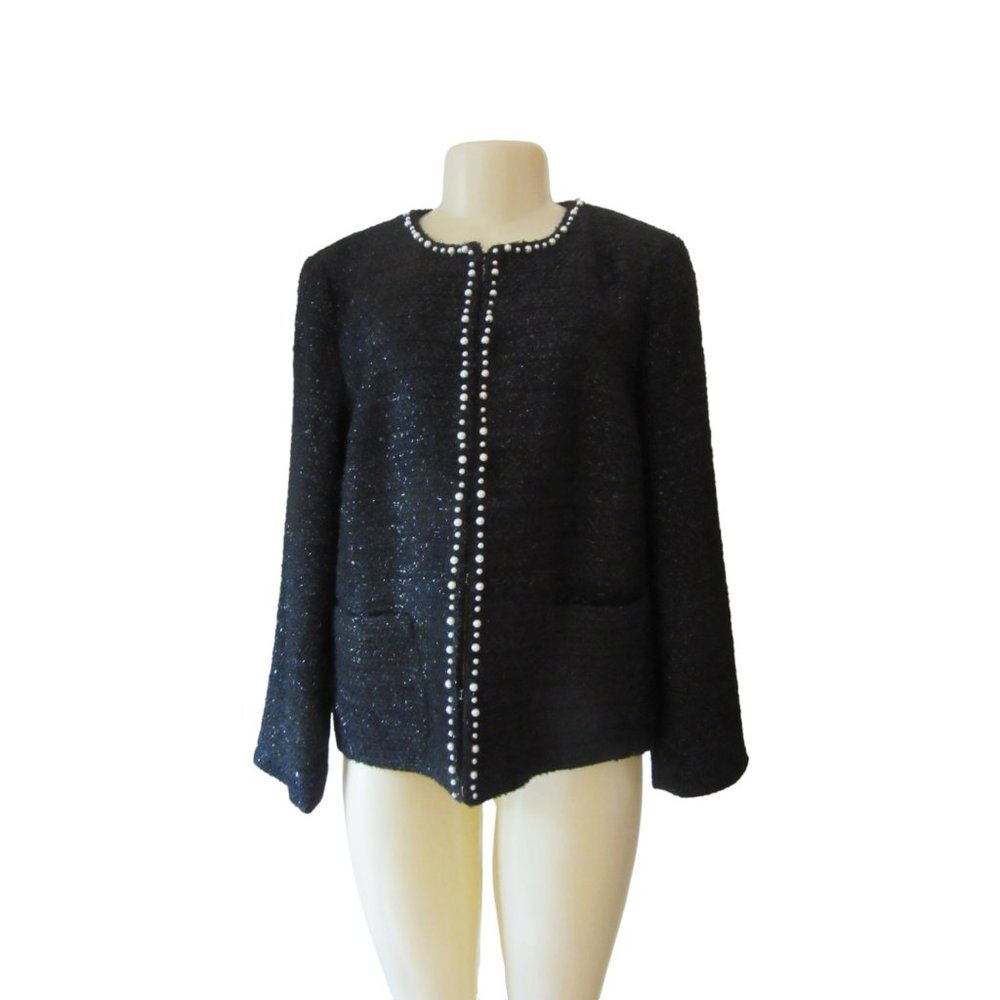 New w Tags, RSVP by Talbots Black Tweed Jacket w Faux Pearls in Sz 14 Petite
